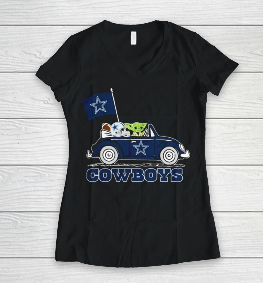 Baby Yoda Drive A Car Dallas Cowboys Football Flag Logo Women V-Neck T-Shirt