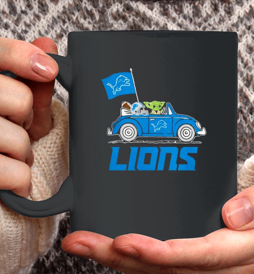 Baby Yoda Drive A Car Detroit Lions Football Flag Logo Coffee Mug
