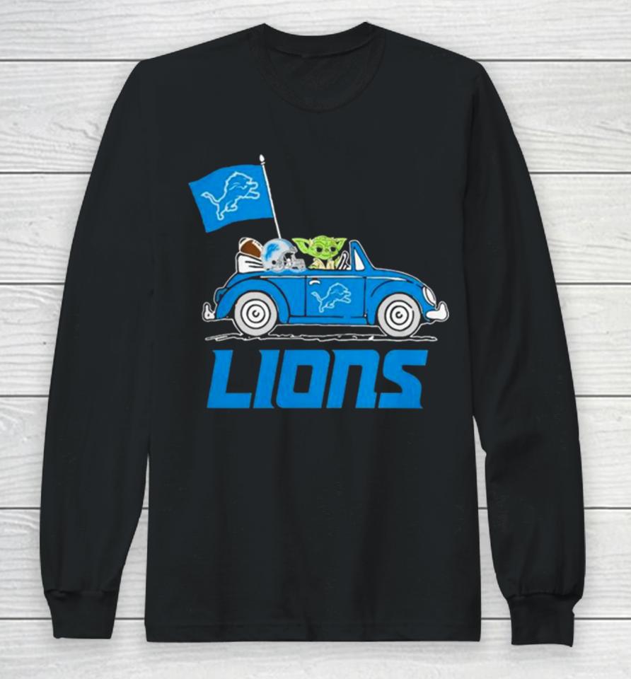 Baby Yoda Drive A Car Detroit Lions Football Flag Logo Long Sleeve T-Shirt