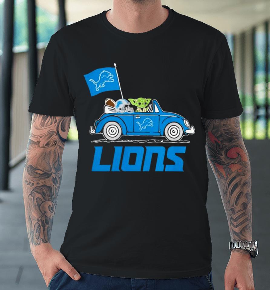 Baby Yoda Drive A Car Detroit Lions Football Flag Logo Premium T-Shirt
