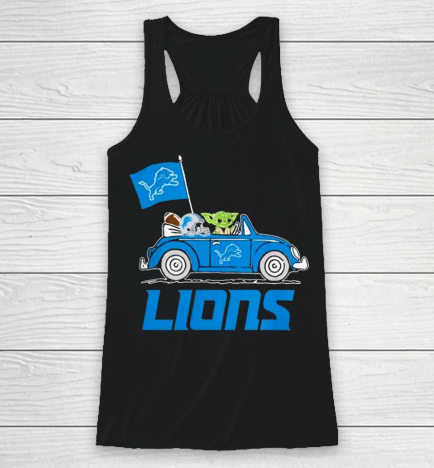Baby Yoda Drive A Car Detroit Lions Football Flag Logo Racerback Tank