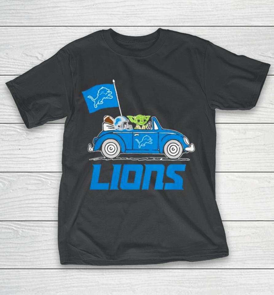Baby Yoda Drive A Car Detroit Lions Football Flag Logo T-Shirt