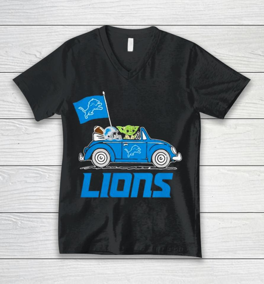 Baby Yoda Drive A Car Detroit Lions Football Flag Logo Unisex V-Neck T-Shirt
