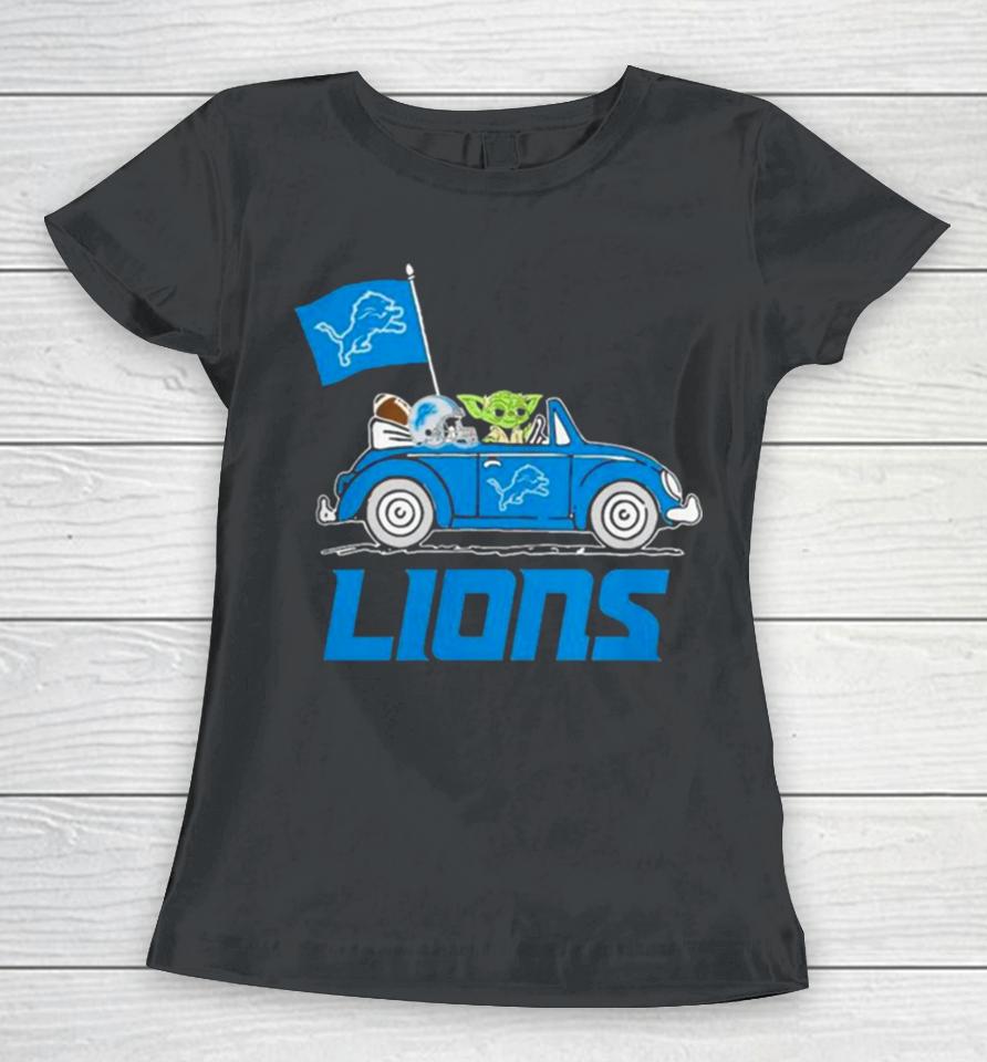 Baby Yoda Drive A Car Detroit Lions Football Flag Logo Women T-Shirt