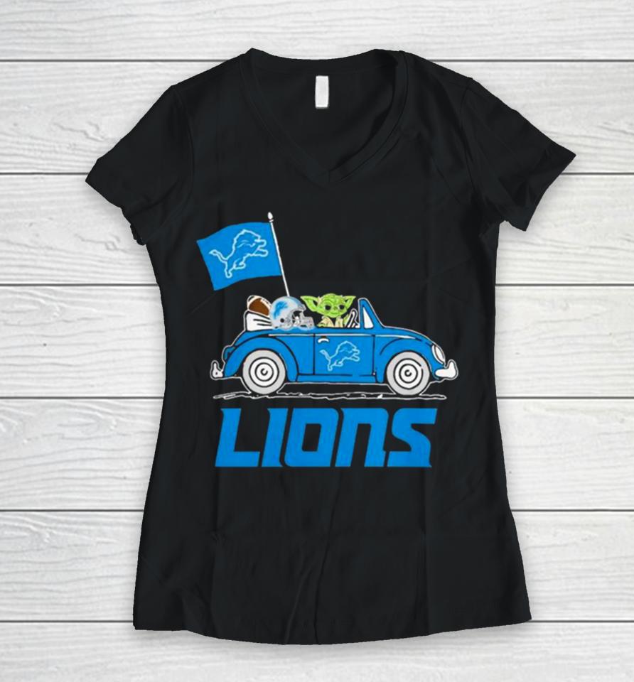 Baby Yoda Drive A Car Detroit Lions Football Flag Logo Women V-Neck T-Shirt