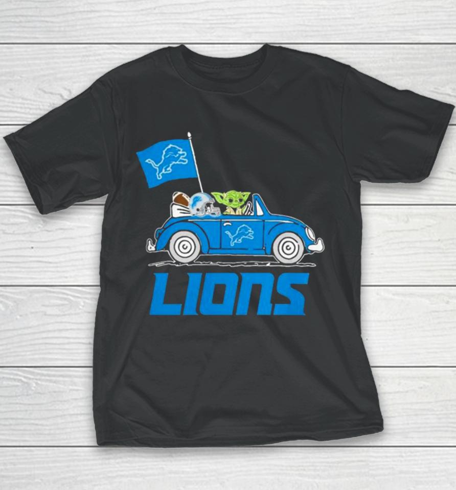 Baby Yoda Drive A Car Detroit Lions Football Flag Logo Youth T-Shirt
