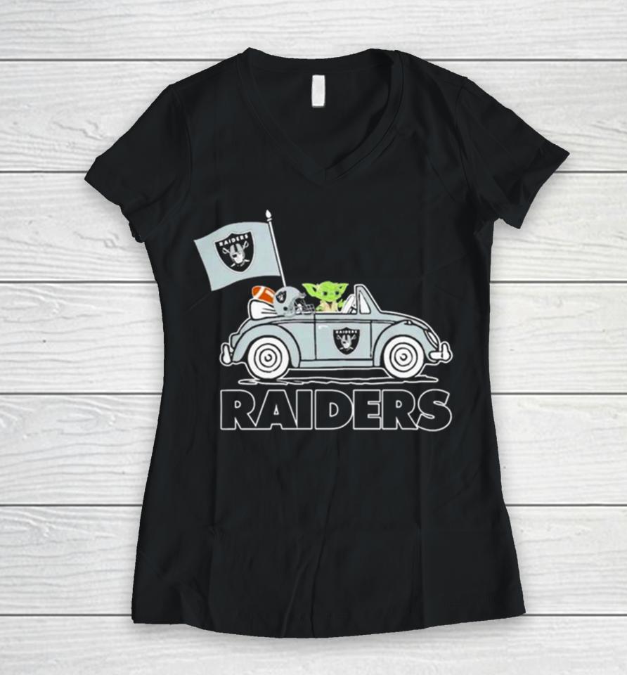 Baby Yoda Drive A Car Las Vegas Raiders Football Flag Logo Women V-Neck T-Shirt
