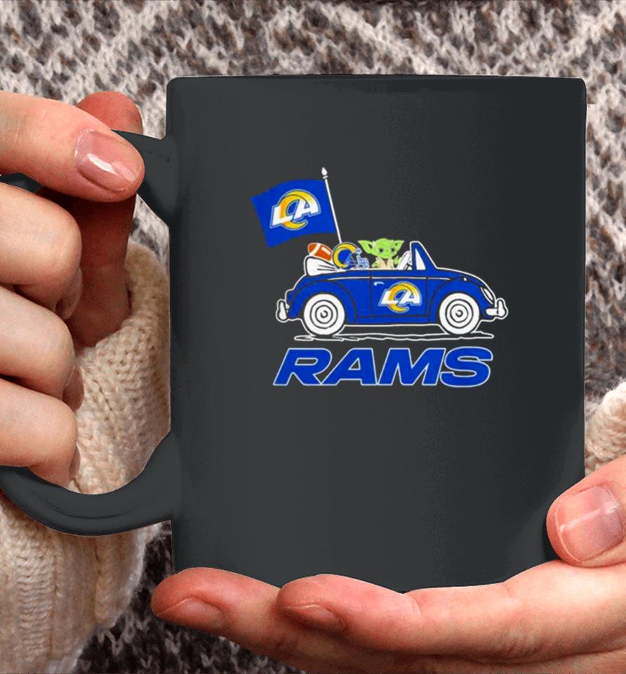 Baby Yoda Drive A Car Los Angeles Rams Football Flag Logo Coffee Mug