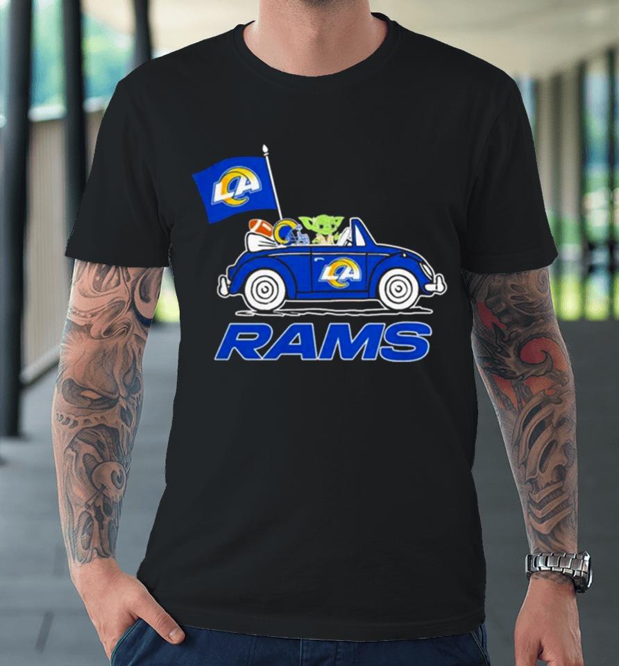 Baby Yoda Drive A Car Los Angeles Rams Football Flag Logo Premium T-Shirt