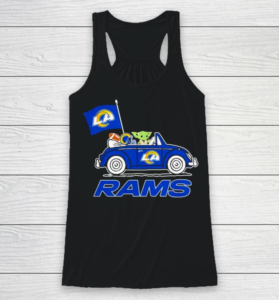 Baby Yoda Drive A Car Los Angeles Rams Football Flag Logo Racerback Tank