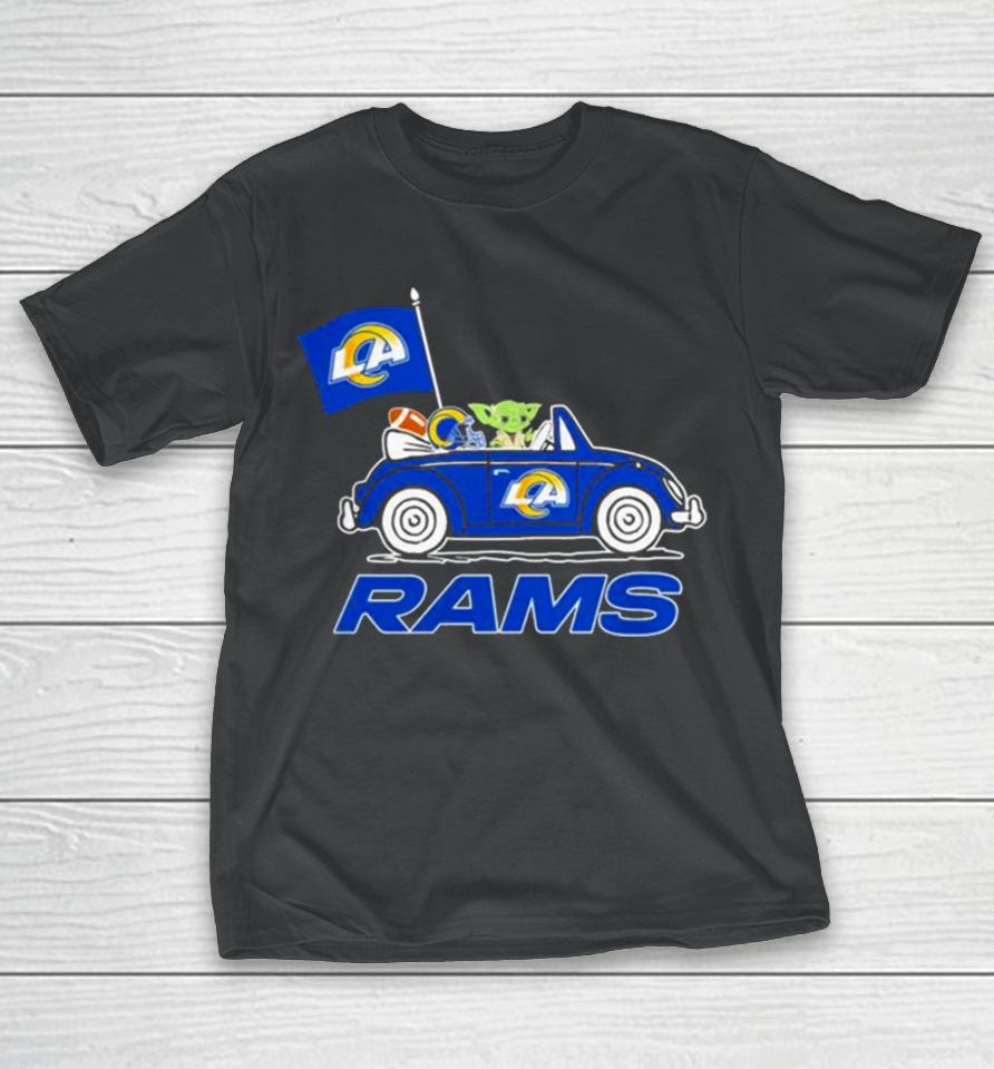 Baby Yoda Drive A Car Los Angeles Rams Football Flag Logo T-Shirt