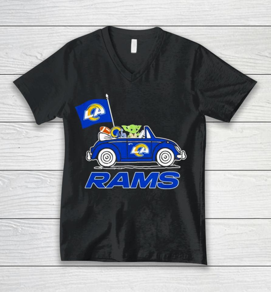 Baby Yoda Drive A Car Los Angeles Rams Football Flag Logo Unisex V-Neck T-Shirt