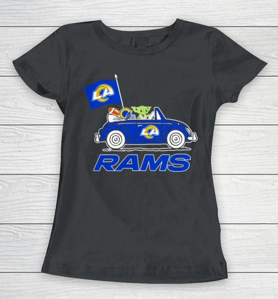 Baby Yoda Drive A Car Los Angeles Rams Football Flag Logo Women T-Shirt