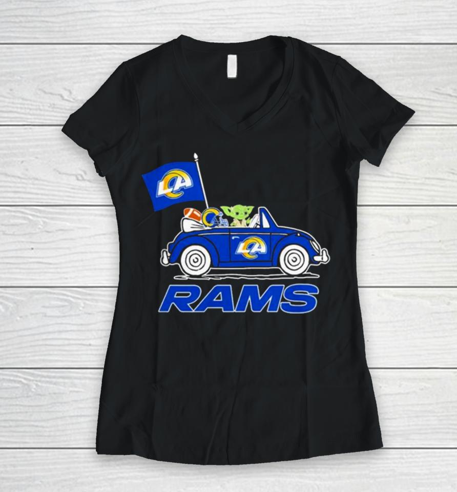 Baby Yoda Drive A Car Los Angeles Rams Football Flag Logo Women V-Neck T-Shirt