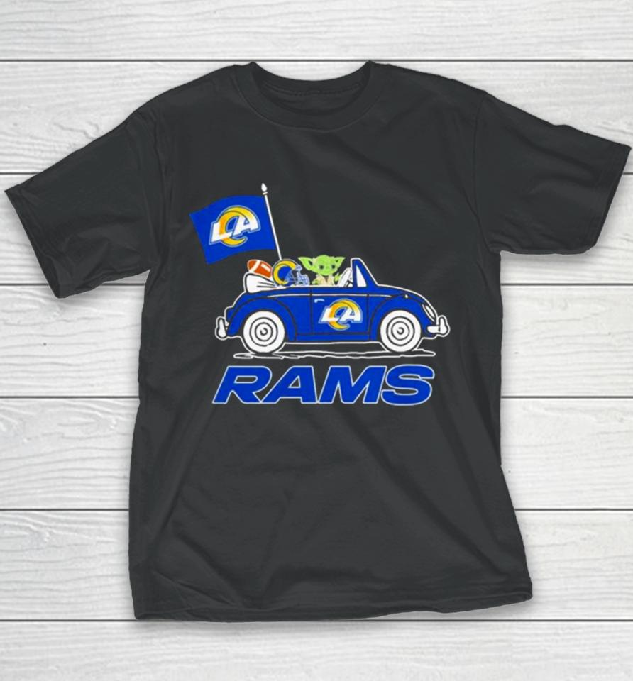 Baby Yoda Drive A Car Los Angeles Rams Football Flag Logo Youth T-Shirt