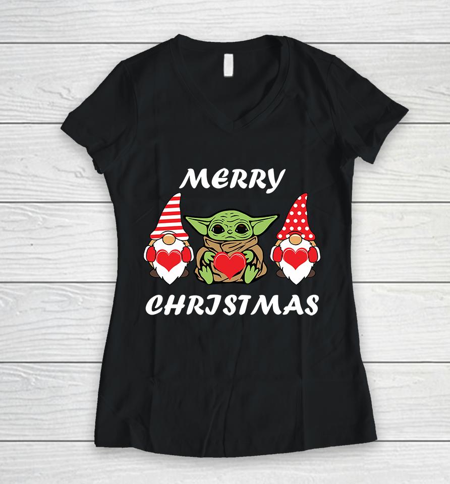 Baby Yoda Gnomes Merry Christmas , Baby Yoda Christmas Women V-Neck T-Shirt