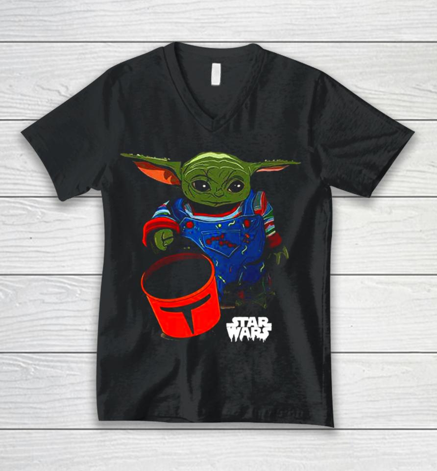 Baby Yoda Grogu Goes Trick Or Treating Halloween 2023 Star Wars Mandalorian Unisex V-Neck T-Shirt