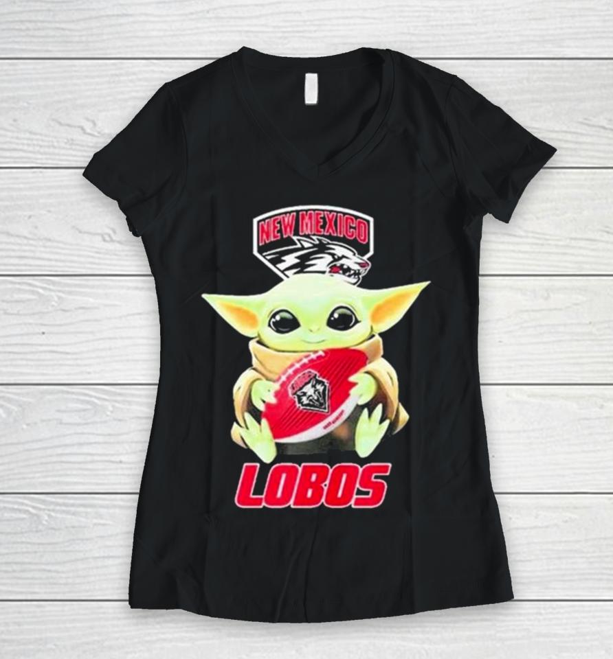 Baby Yoda Hug Rugby New Mexico Lobos 2024 Women V-Neck T-Shirt