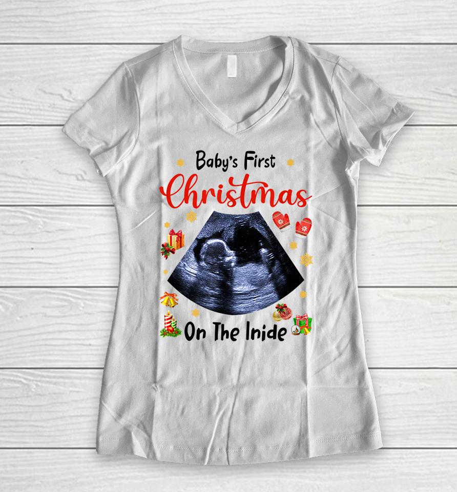 Baby's First Christmas On The Inside Pregnancy Christmas Women V-Neck T-Shirt