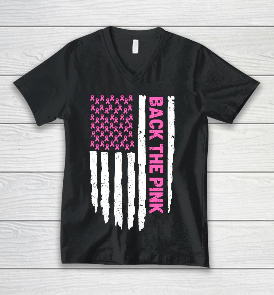 Back The Pink Breast Cancer Awareness Flag Pink Ribbon Usa Unisex V-Neck T-Shirt