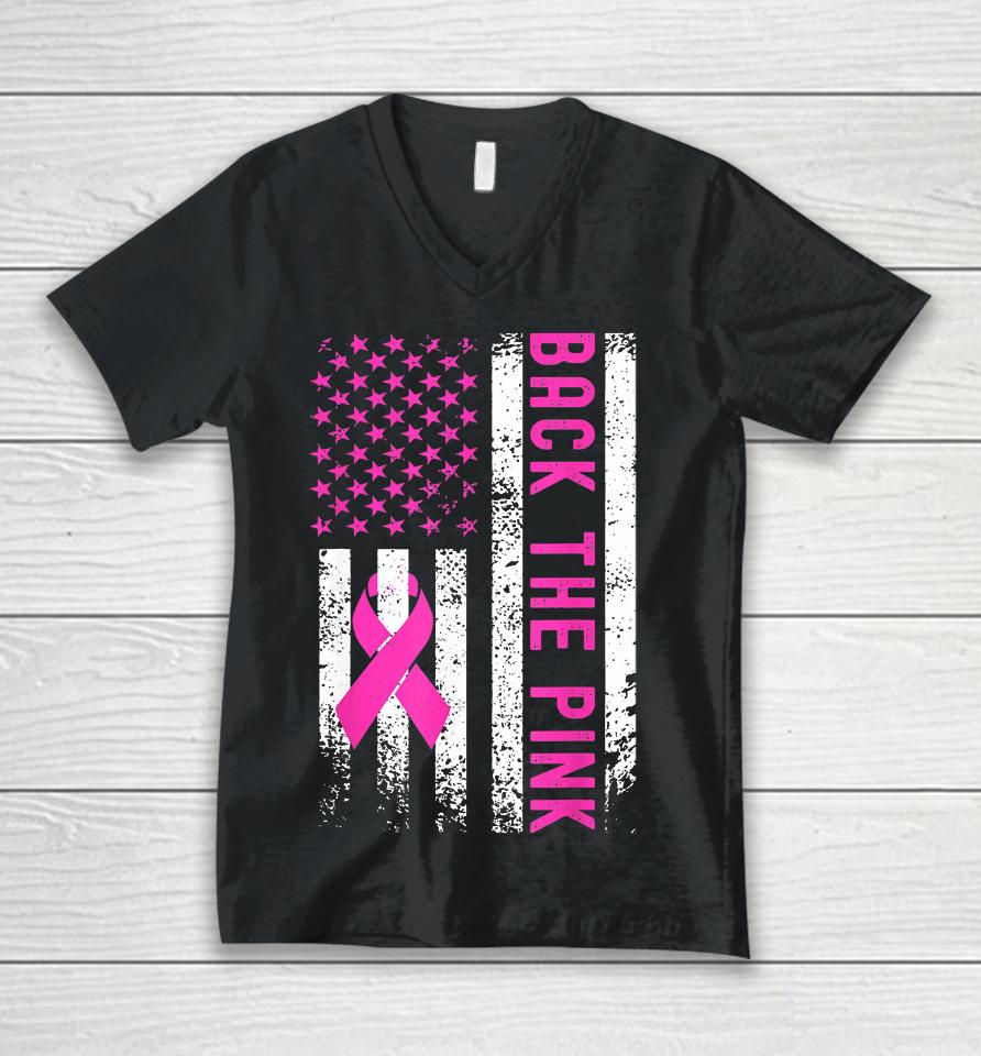 Back The Pink Breast Cancer Awareness Flag Unisex V-Neck T-Shirt