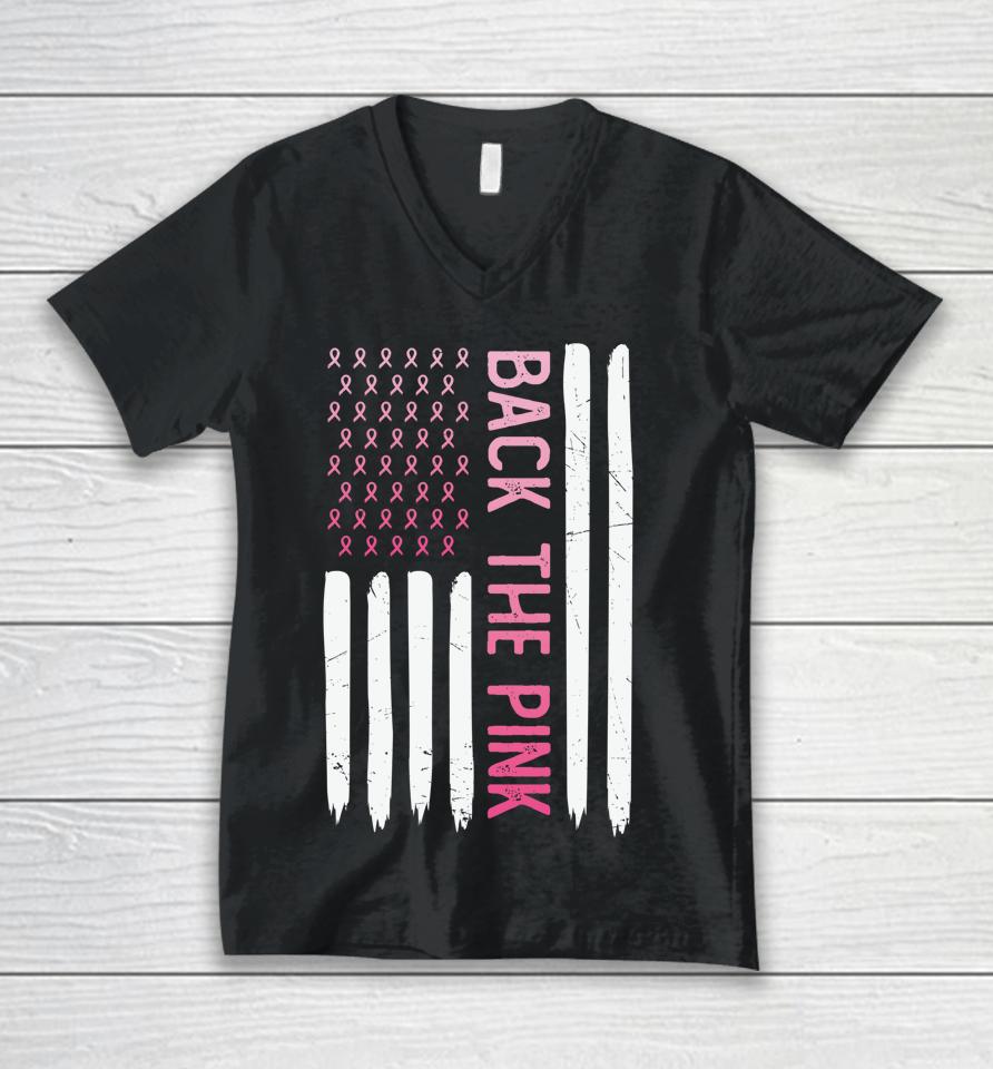 Back The Pink Retro Vintage Breast Cancer Awareness Flag Unisex V-Neck T-Shirt
