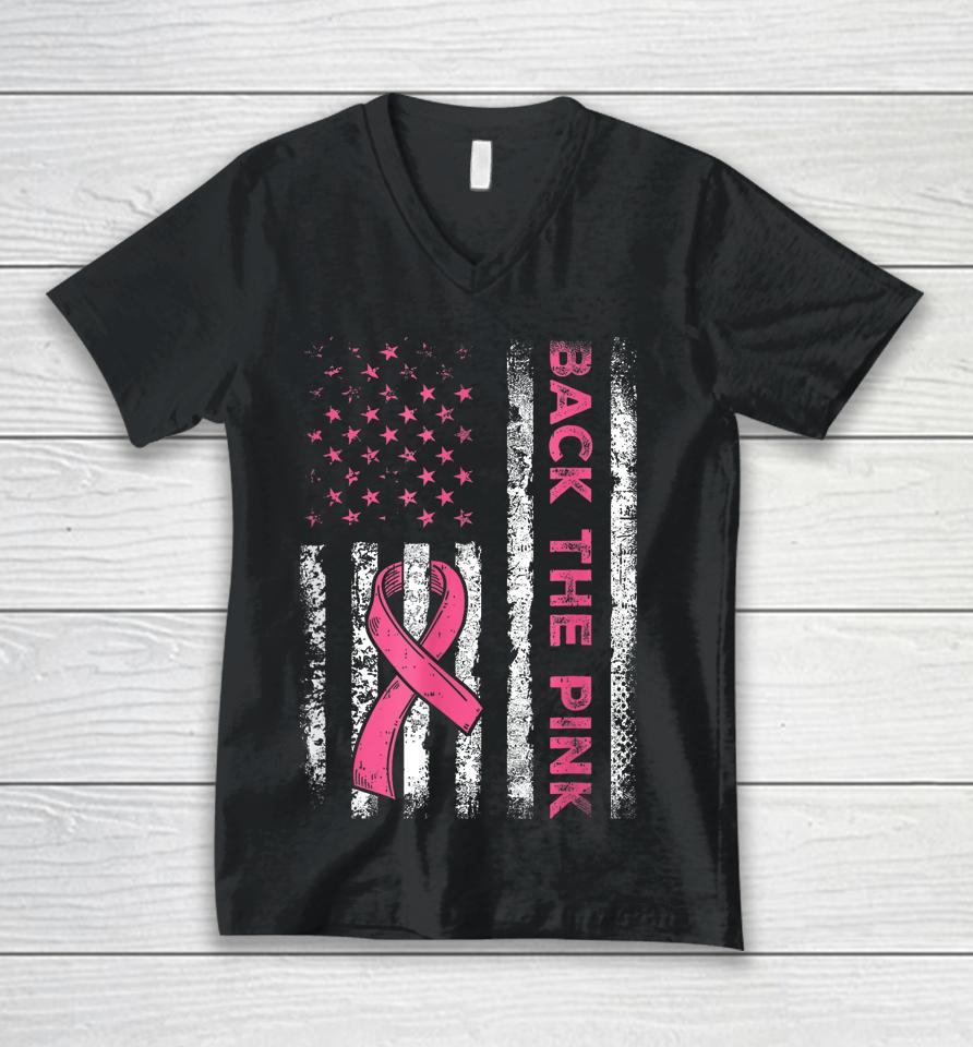 Back The Pink Ribbon Flag Breast Cancer Warrior Unisex V-Neck T-Shirt