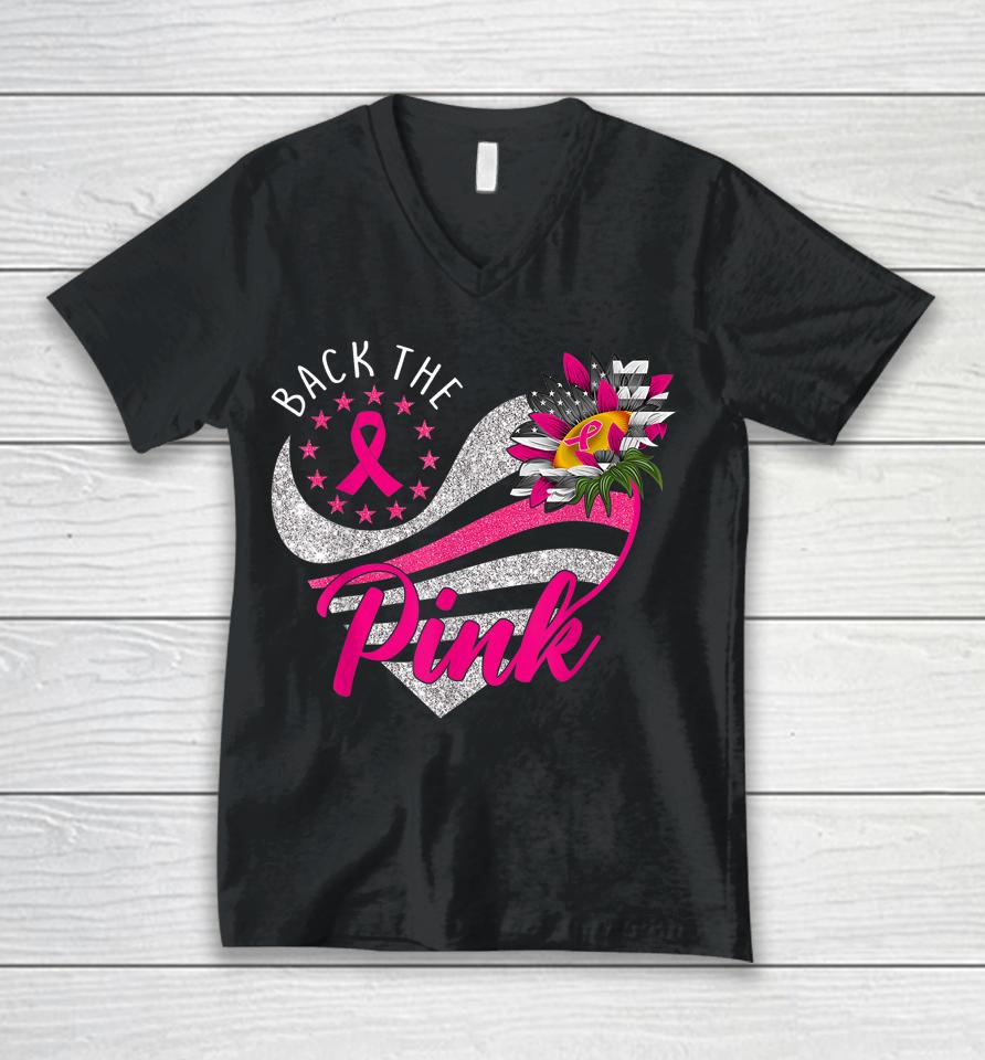 Back The Pink Ribbon Sunflower Heart Breast Cancer Awareness Unisex V-Neck T-Shirt