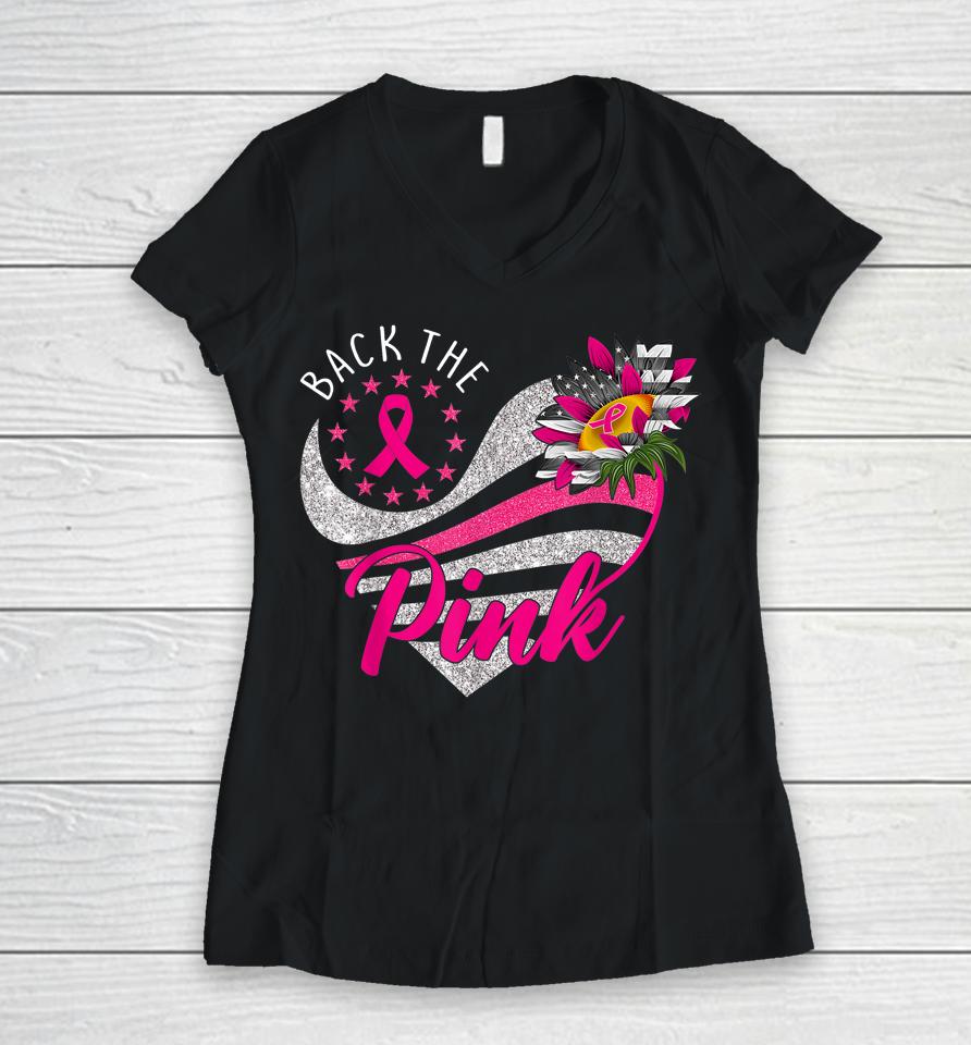 Back The Pink Ribbon Sunflower Heart Breast Cancer Awareness Women V-Neck T-Shirt