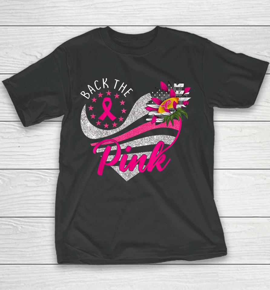 Back The Pink Ribbon Sunflower Heart Breast Cancer Awareness Youth T-Shirt