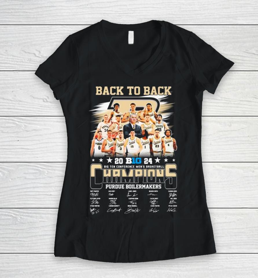 Back To Back 2024 Big Ten Conference Men’s Basketball Champions Purdue Boilermakers Signatures Women V-Neck T-Shirt