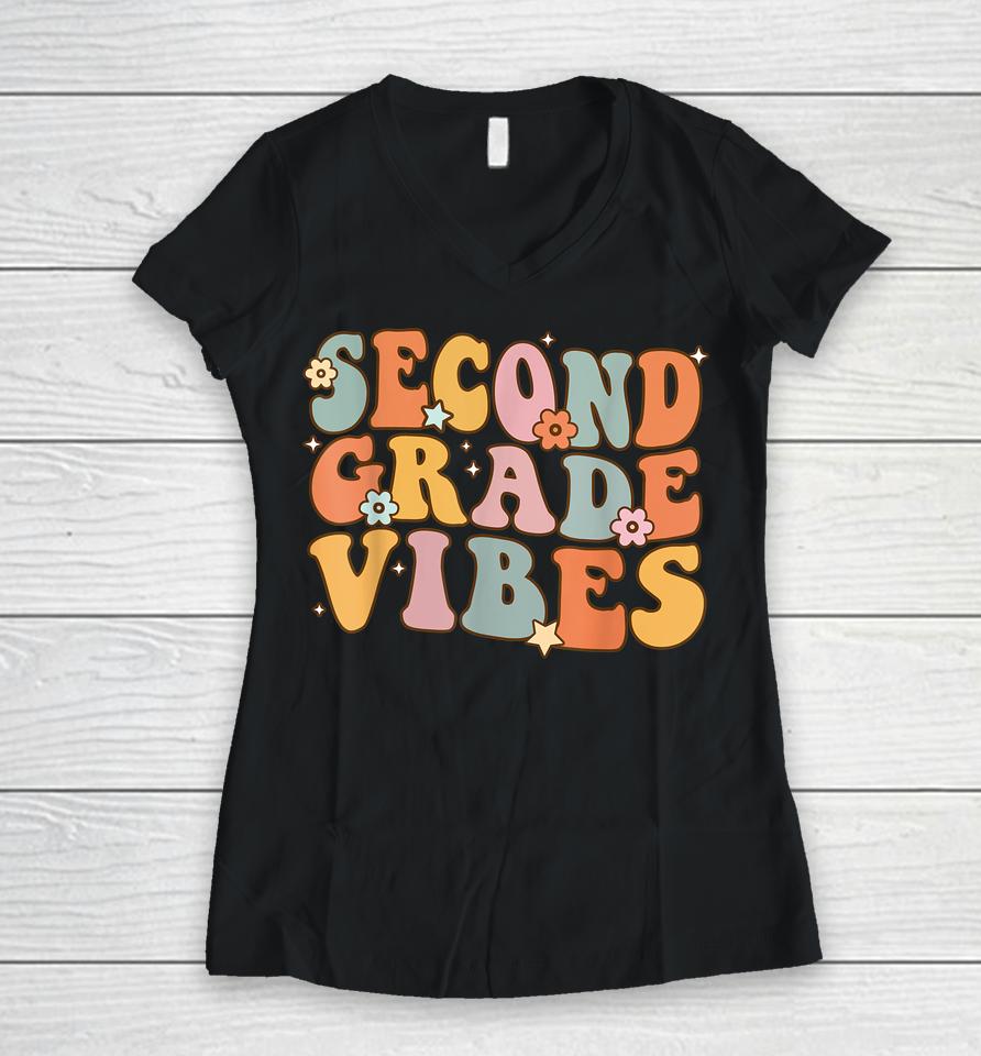 Back To School Second Grade Vibes Student Teacher Retro Women V-Neck T-Shirt
