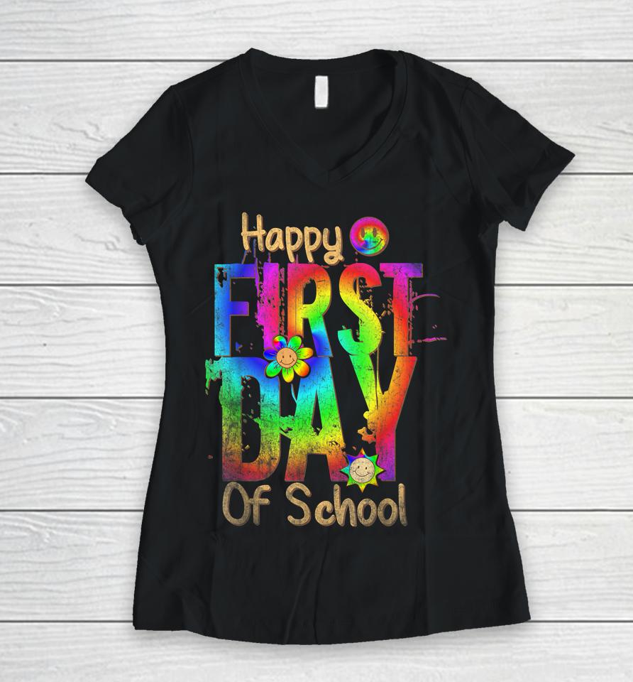 Back To School Teacher Student Happy First Day Of School Women V-Neck T-Shirt