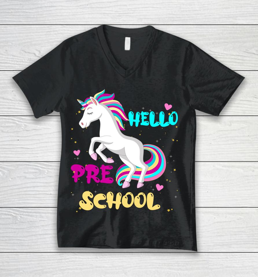 Back To School Unicorn Hello Kid First Day Of Preschool Girl Unisex V-Neck T-Shirt