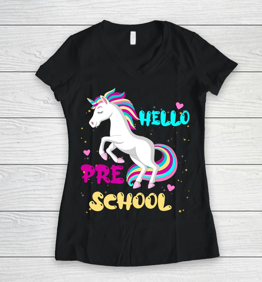 Back To School Unicorn Hello Kid First Day Of Preschool Girl Women V-Neck T-Shirt