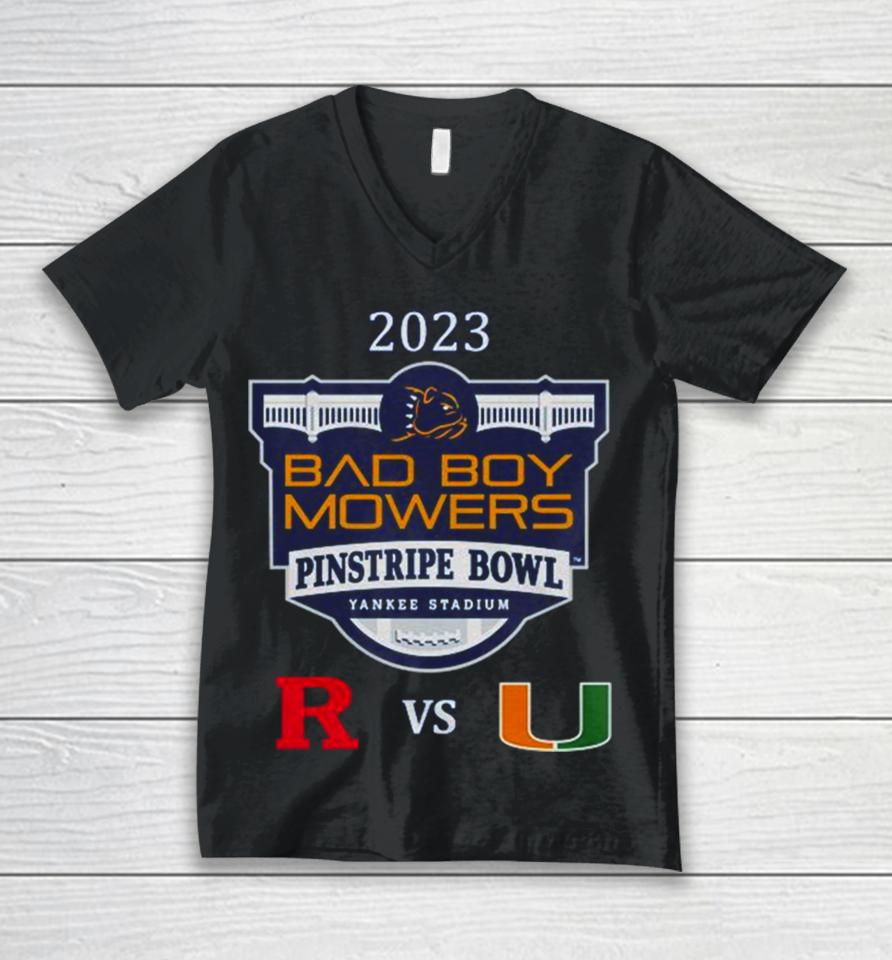 Bad Boy Mowers Pinstripe Bowl 2023 Miami Vs Rutgers Yankee Stadium Bronx Ny Cfb Bowl Game Unisex V-Neck T-Shirt