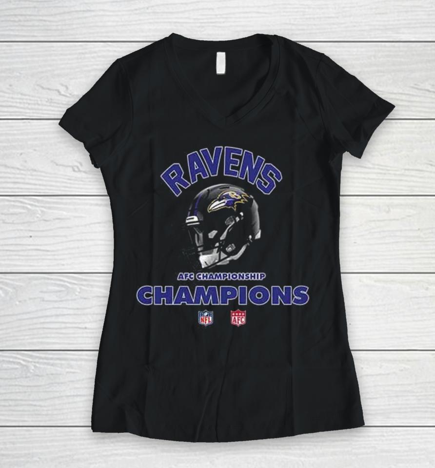 Baltimore Ravens Afc Championship Season 2023 2024 Nfl Super Bowl Lvii Merchandise Helmet Winners Women V-Neck T-Shirt