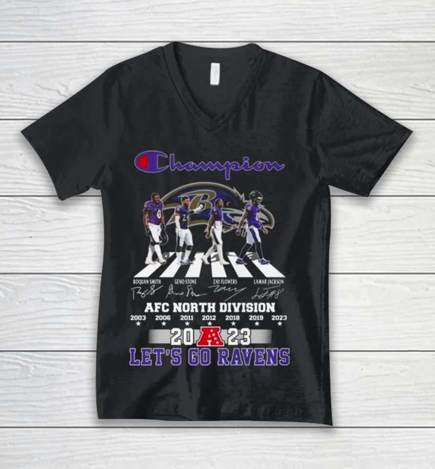 Baltimore Ravens Champions Abbey Road 2023 Afc North Division Let’s Go Ravens Signatures Unisex V-Neck T-Shirt