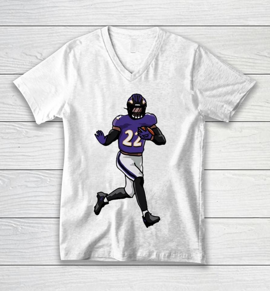 Baltimore Ravens Derrick Henry Running Holding Ball Unisex V-Neck T-Shirt