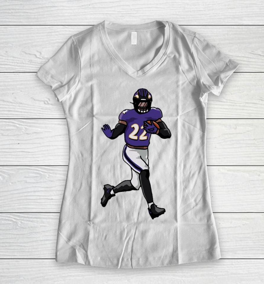 Baltimore Ravens Derrick Henry Running Holding Ball Women V-Neck T-Shirt
