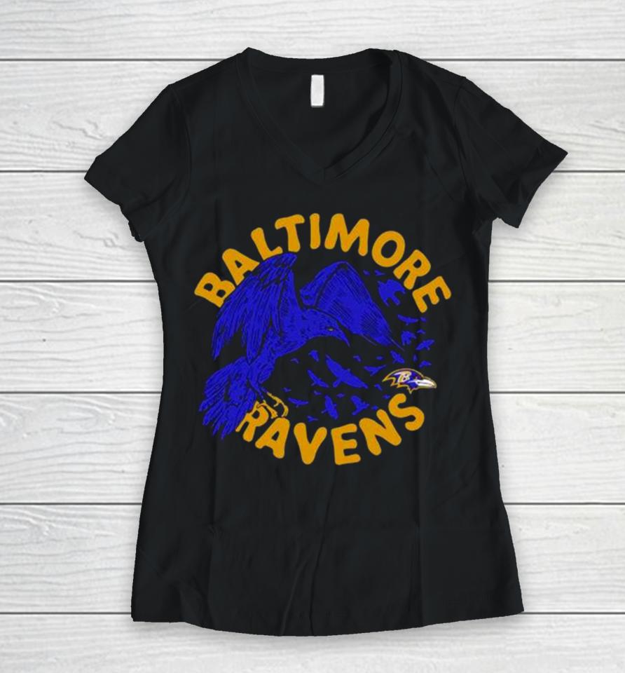 Baltimore Ravens Powerful Ravens Mascot Women V-Neck T-Shirt
