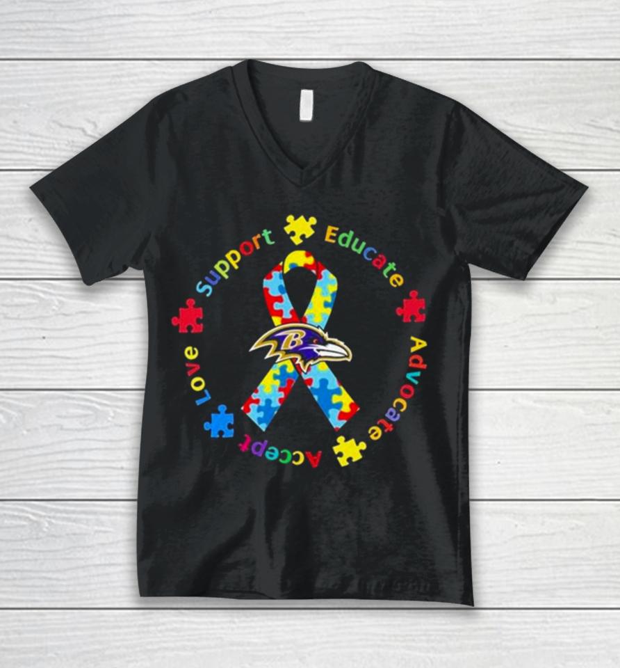 Baltimore Ravens Support Educate Advocate Accept Love Autism Awareness Unisex V-Neck T-Shirt
