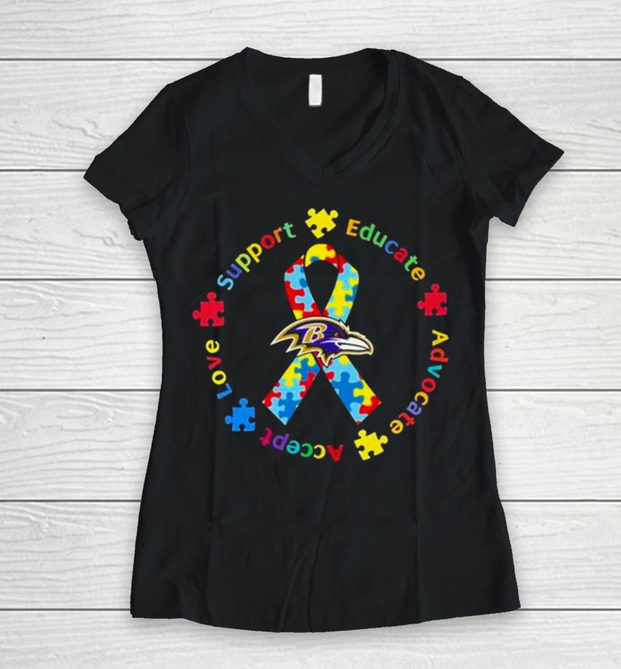 Baltimore Ravens Support Educate Advocate Accept Love Autism Awareness Women V-Neck T-Shirt