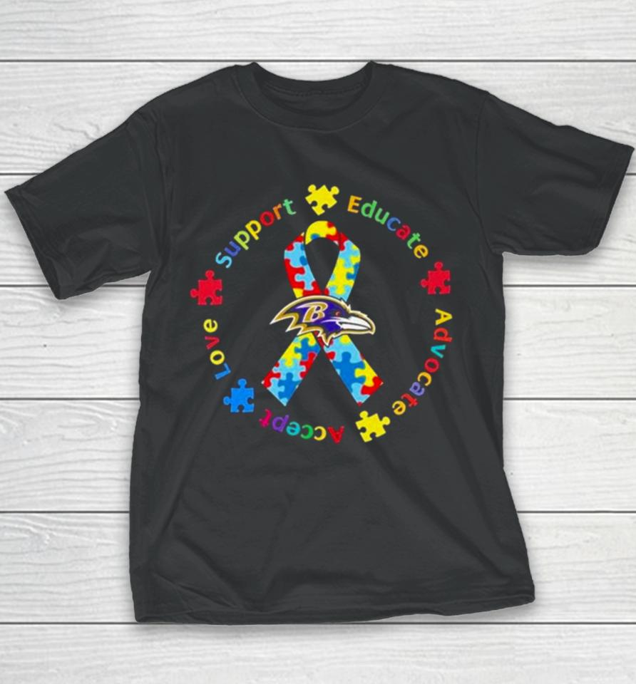 Baltimore Ravens Support Educate Advocate Accept Love Autism Awareness Youth T-Shirt