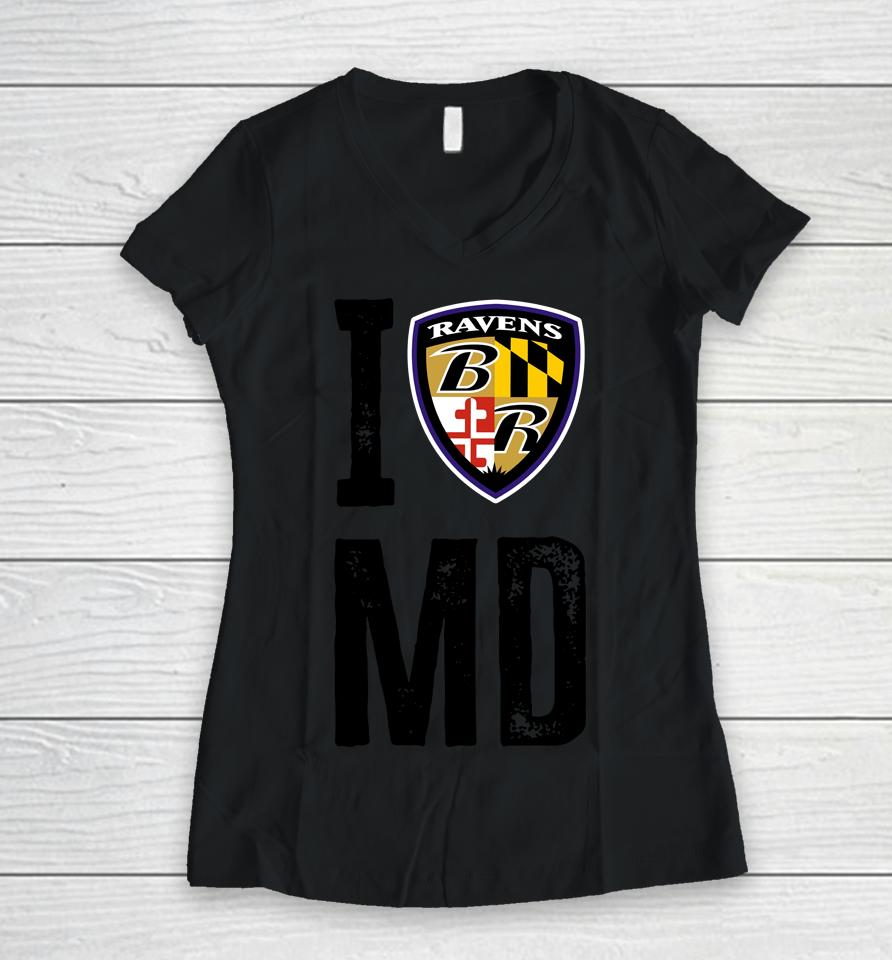 Baltimore Ravens White I Heart Md Women V-Neck T-Shirt