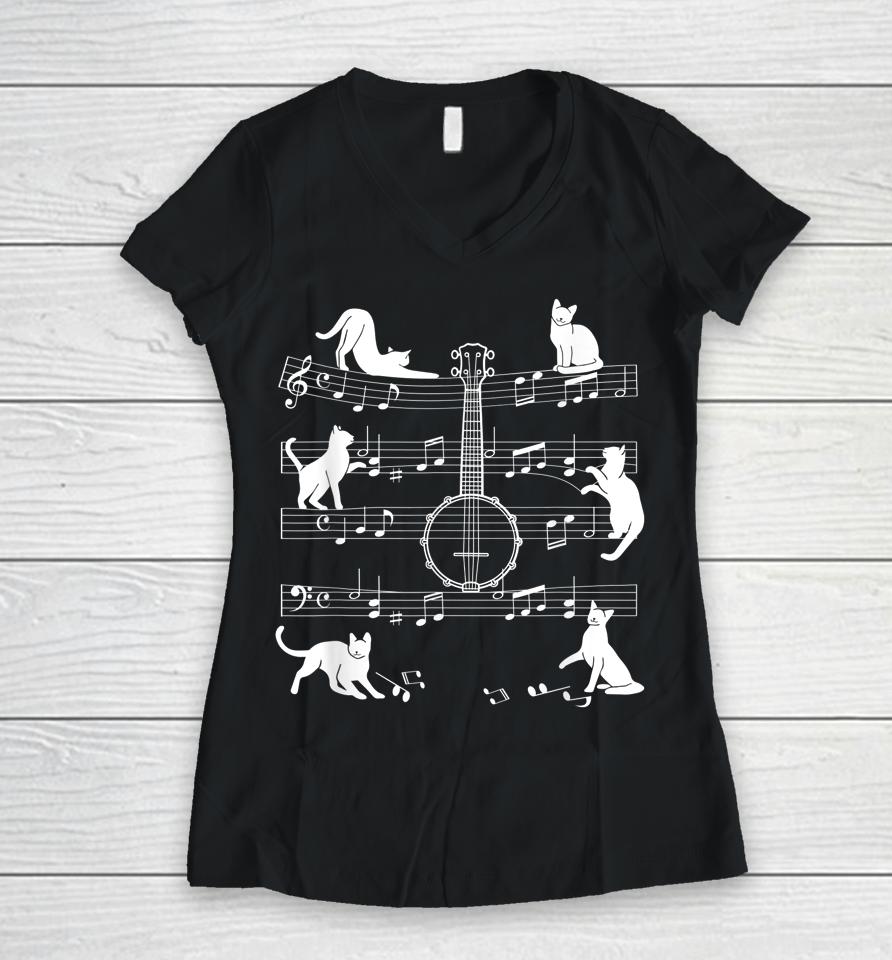Banjo Cats For Cat Loving Banjo Player Women V-Neck T-Shirt
