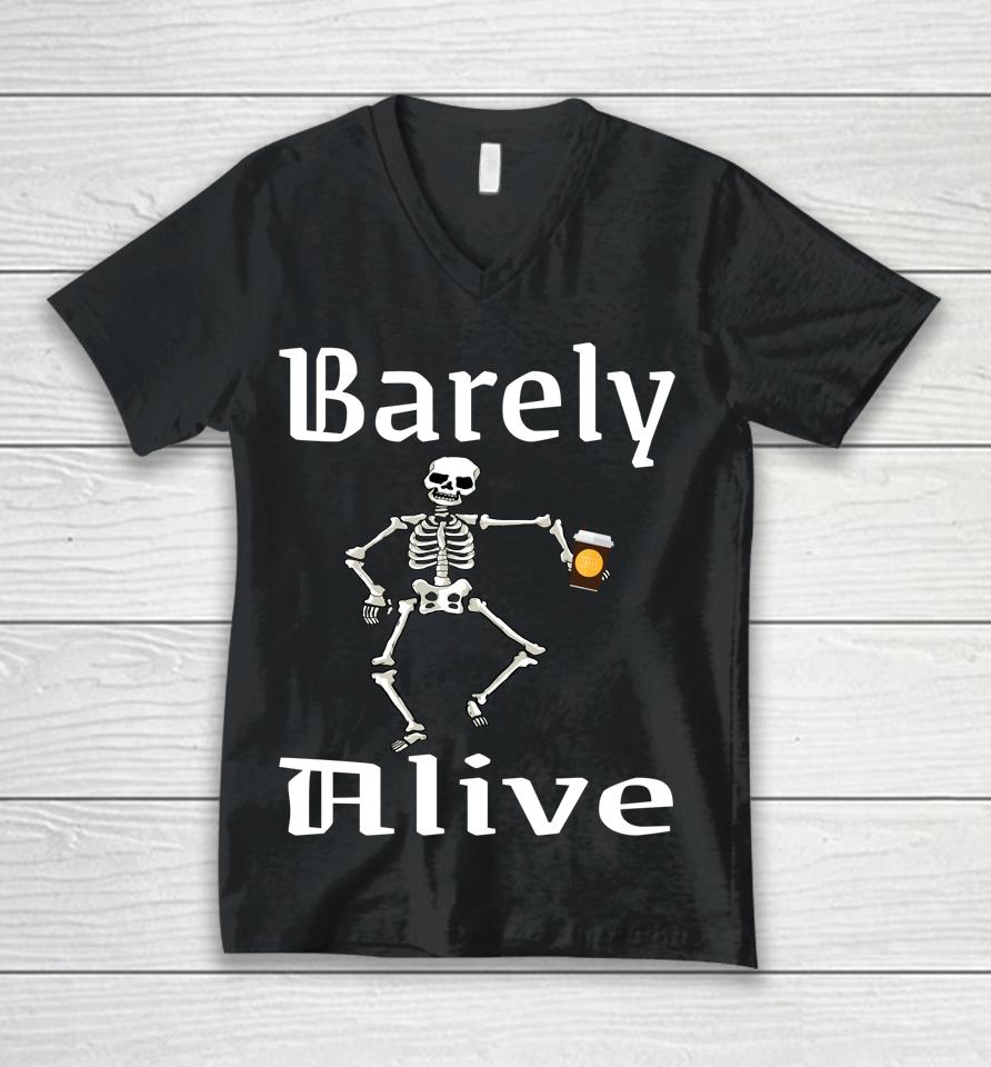 Barely Alive Funny Halloween Skeleton Coffee Drinker Lover Unisex V-Neck T-Shirt