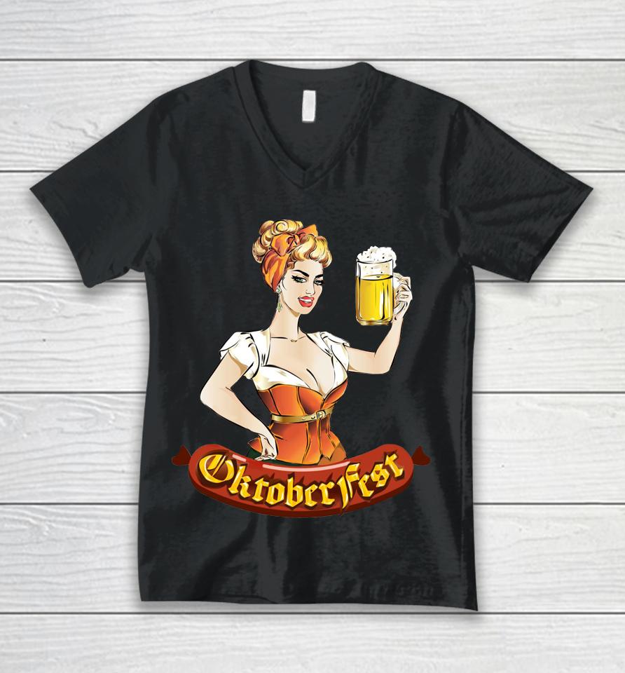 Barmaid Oktoberfest Dirndl Bratwurst German Woman Costume Unisex V-Neck T-Shirt