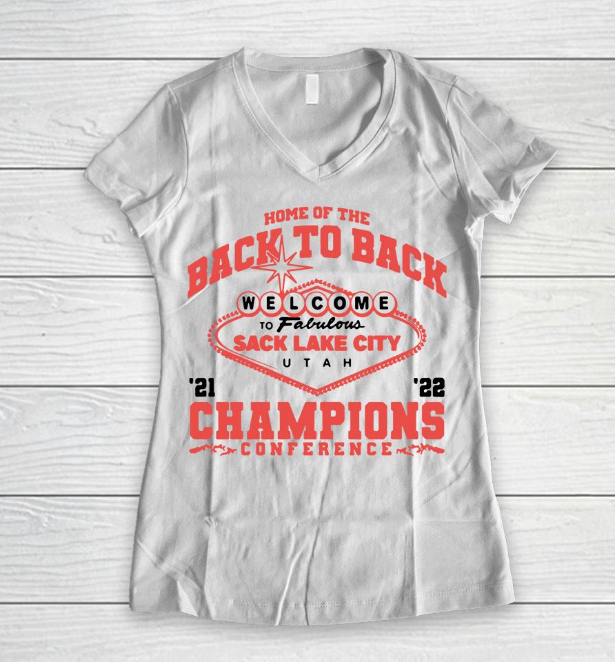 Barstool Sports Store Utah Utes Football 2022 Home Of The Back To Back Conference Champions Women V-Neck T-Shirt