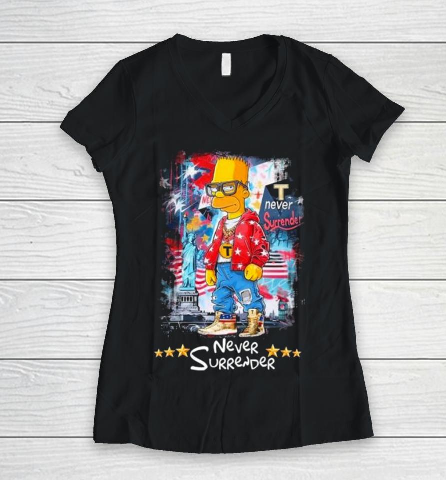 Bart Simpson Never Surrender American 2024 Women V-Neck T-Shirt